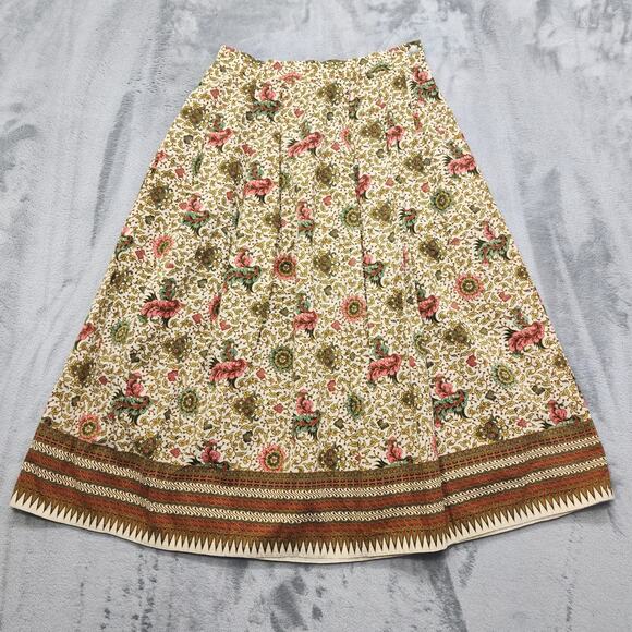 Vintage Skirt Women XS Brown Pink Floral Cotton Pleated Side Shell Button A-Line - Picture 1 of 7